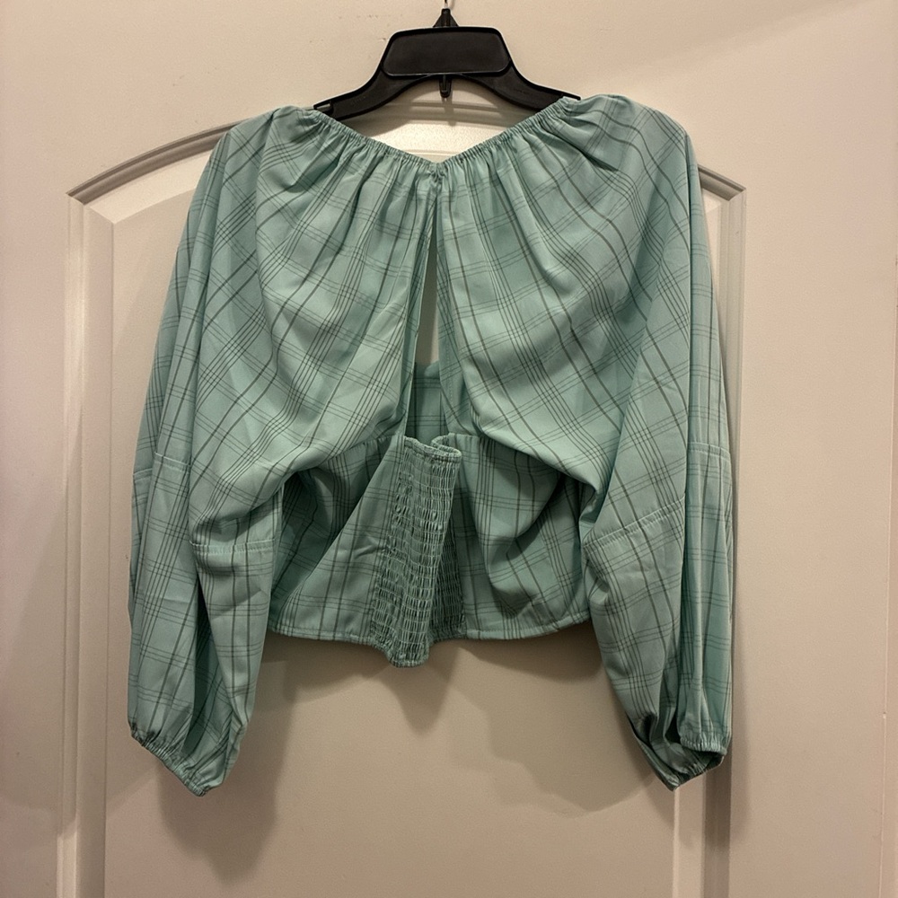 Mint BURU Plaid Women's Top - Sweetheart Neckline & Puffy Sleeves - Picture 3 of 6